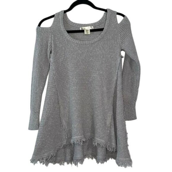 Kaisely Gray Cold-Shoulder Knit Sweater Tunic XS With Frayed Hem - Picture 1 of 11